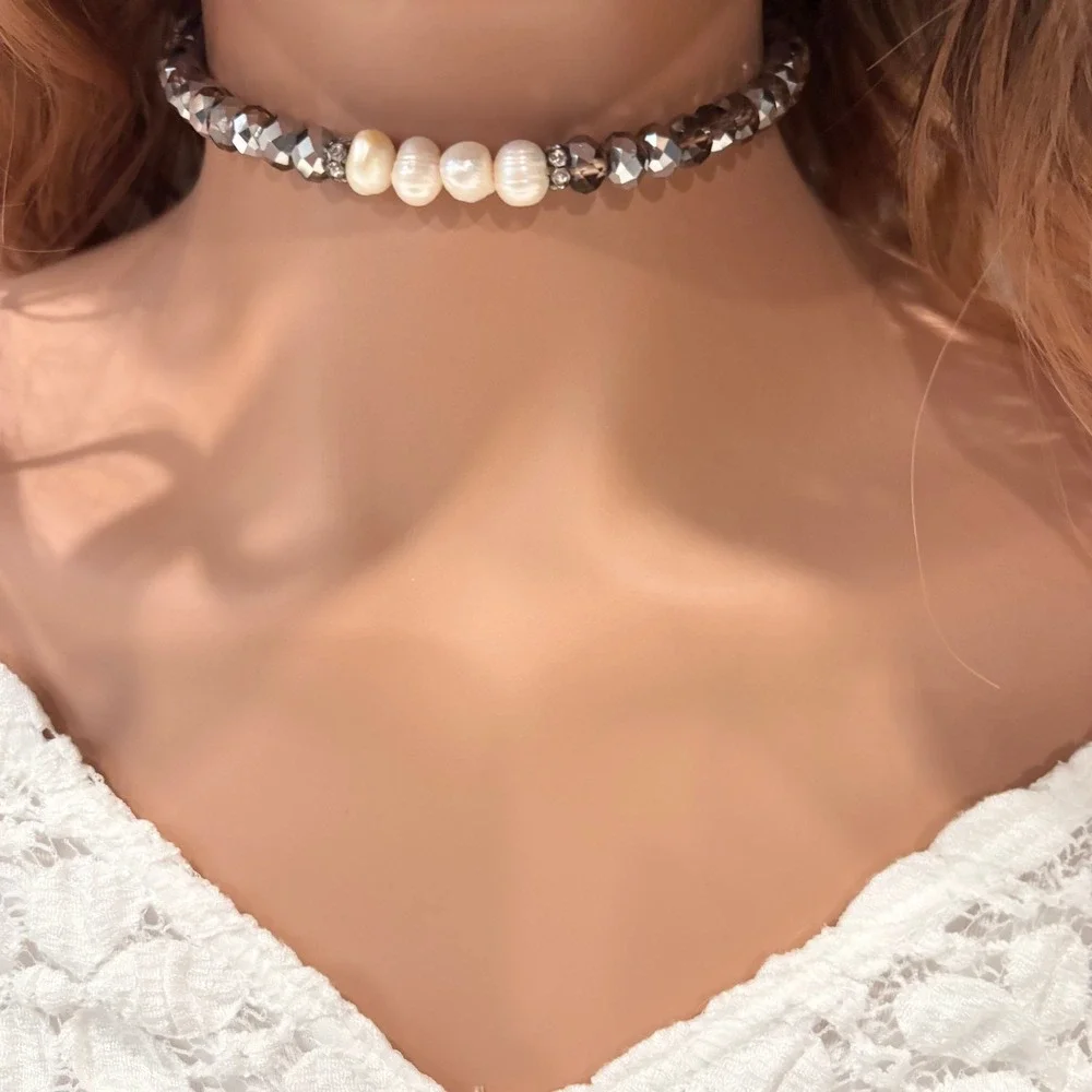 Pearl Beaded Choker Necklace Crystal‎ Glass Coquette Ballet Feminine Boho 20663